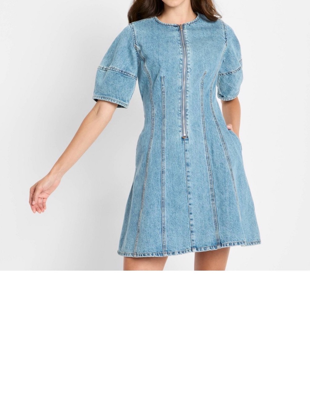 Light Blue Denim Zip-Front Mini Dress with Puff Sleeves